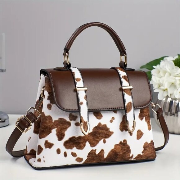 Cool Brown Cow-Print Vegan Leather Shoulder & Crossbody Bag w/ Magnetic Closure - Picture 6 of 6